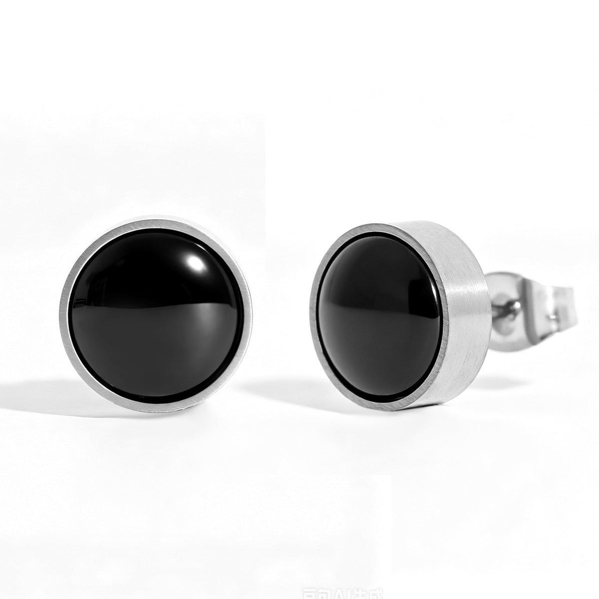 Men's Bezel‑Set Round Black Stone Titanium Stud Earrings, Hypoallergenic Minimalist Earrings