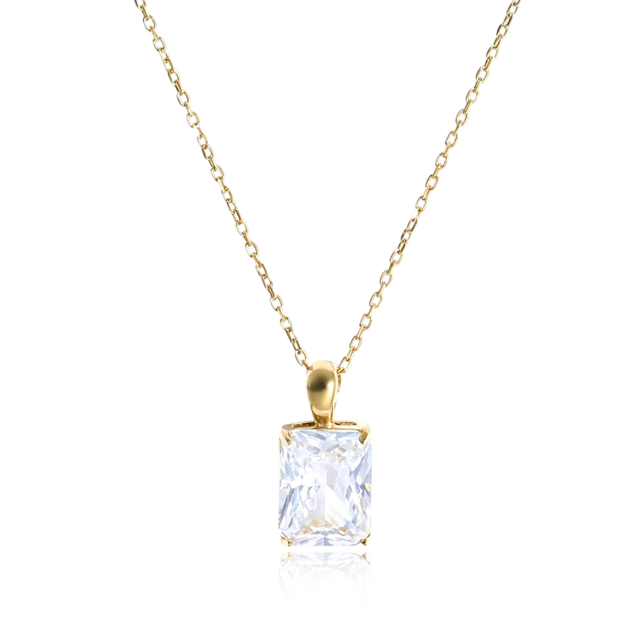 Women's Rectangular Cut Cubic Zirconia Necklace, 4‑Prong Gold‑Plated Stainless Steel Dainty Pendant Necklace