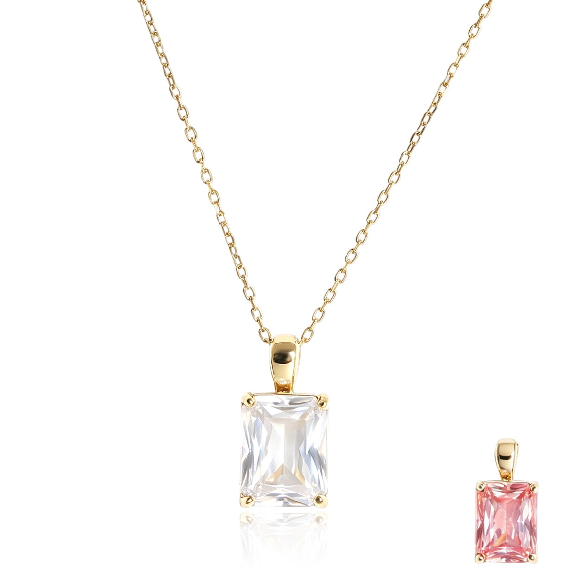 Elegant Rectangular Color‑Changing CZ Pendant Necklace for Women, 4‑Prong Setting Gold‑Plated Stainless Steel Sparkling Necklace for Daily & Gift