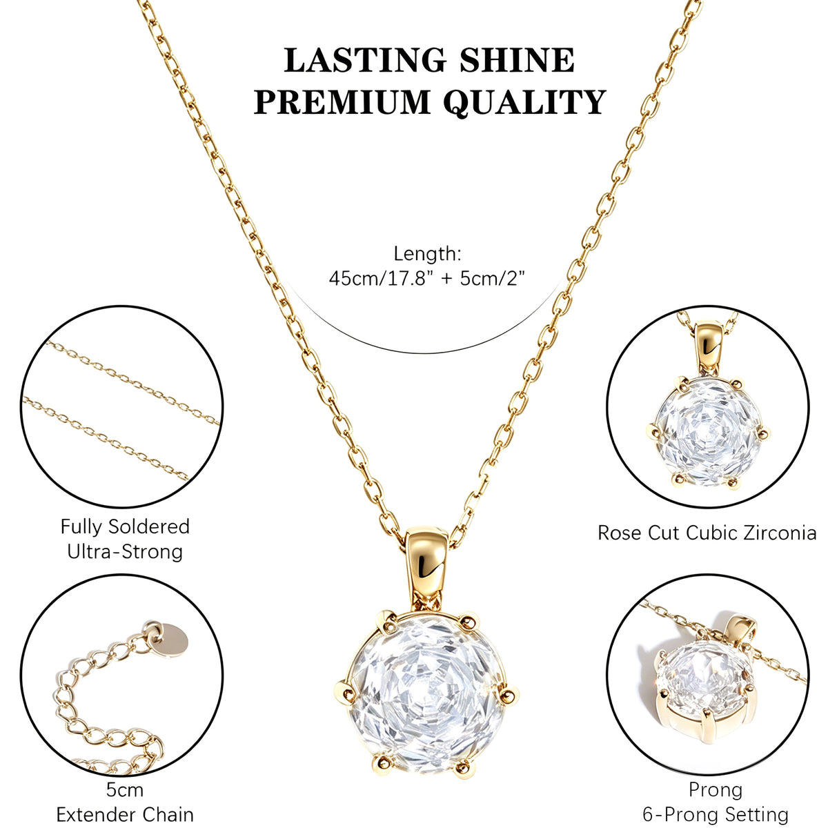 Women's Cubic Zirconia Solitaire Necklace, Gold Plated Stainless Steel Dainty Pendant Necklace