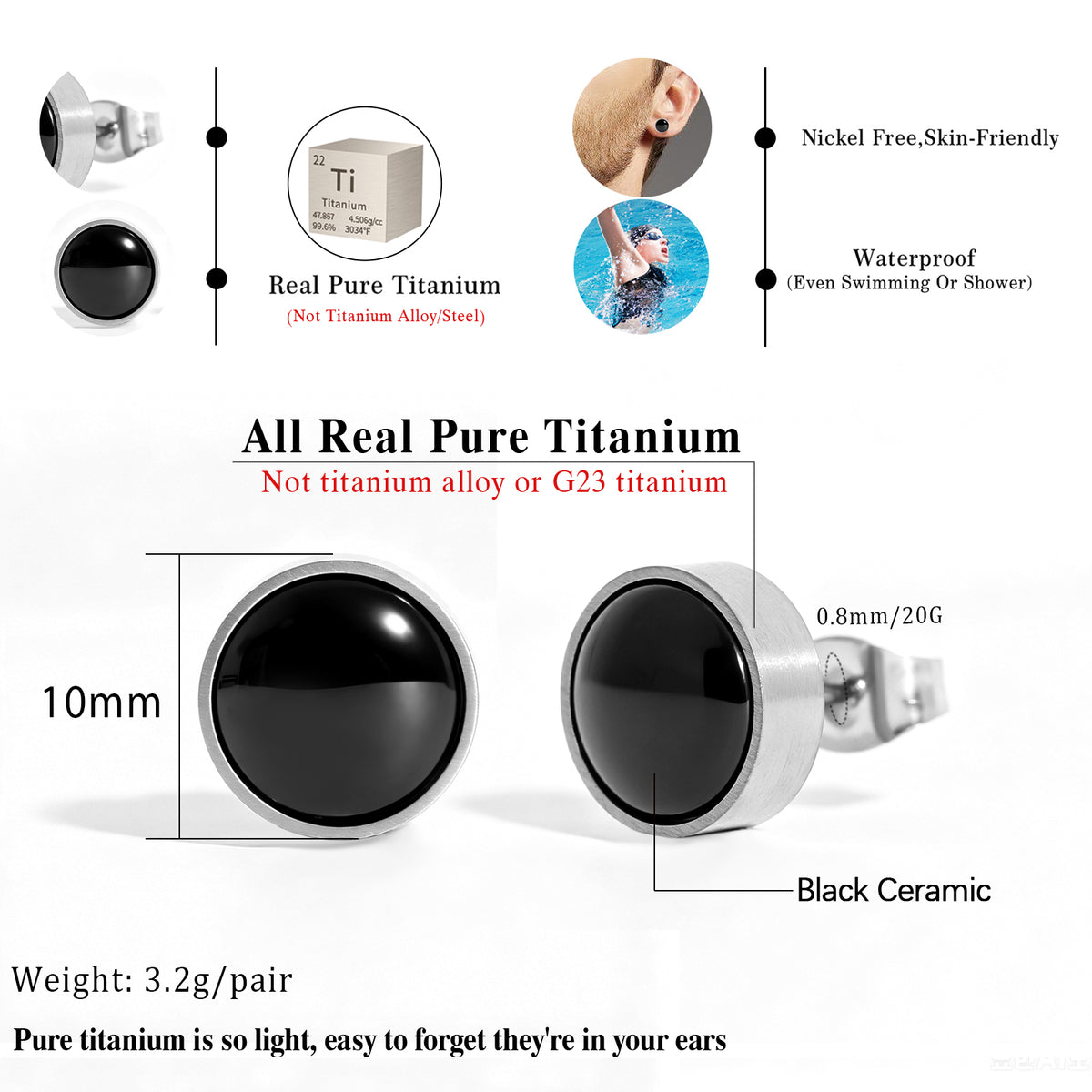 Men's Bezel‑Set Round Black Stone Titanium Stud Earrings, Hypoallergenic Minimalist Earrings