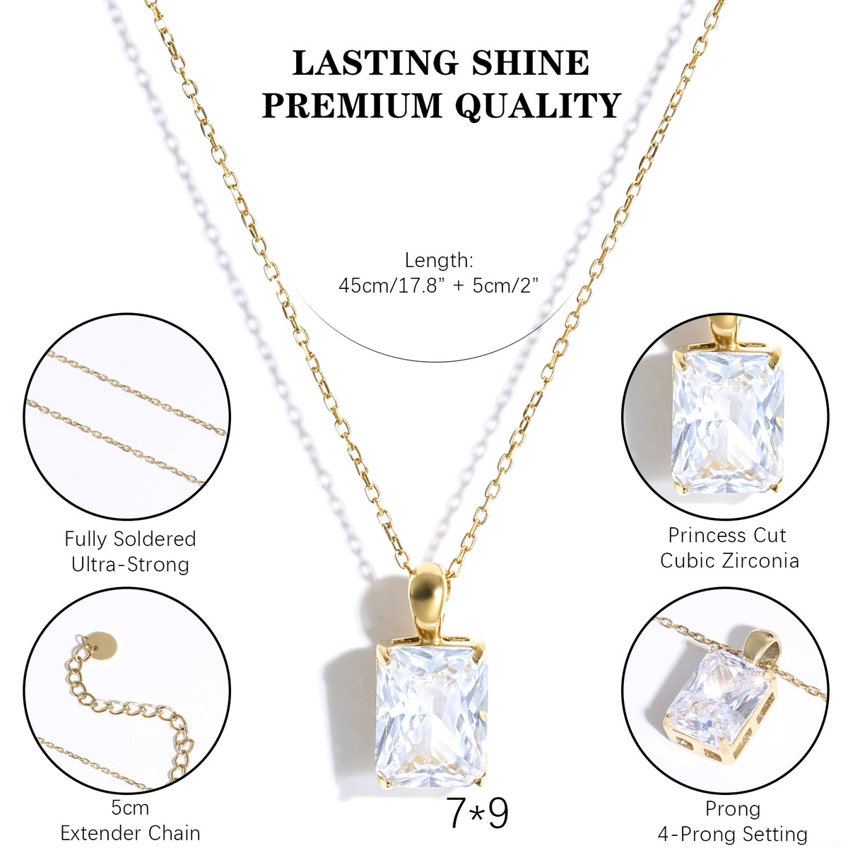 Women's Rectangular Cut Cubic Zirconia Necklace, 4‑Prong Gold‑Plated Stainless Steel Dainty Pendant Necklace