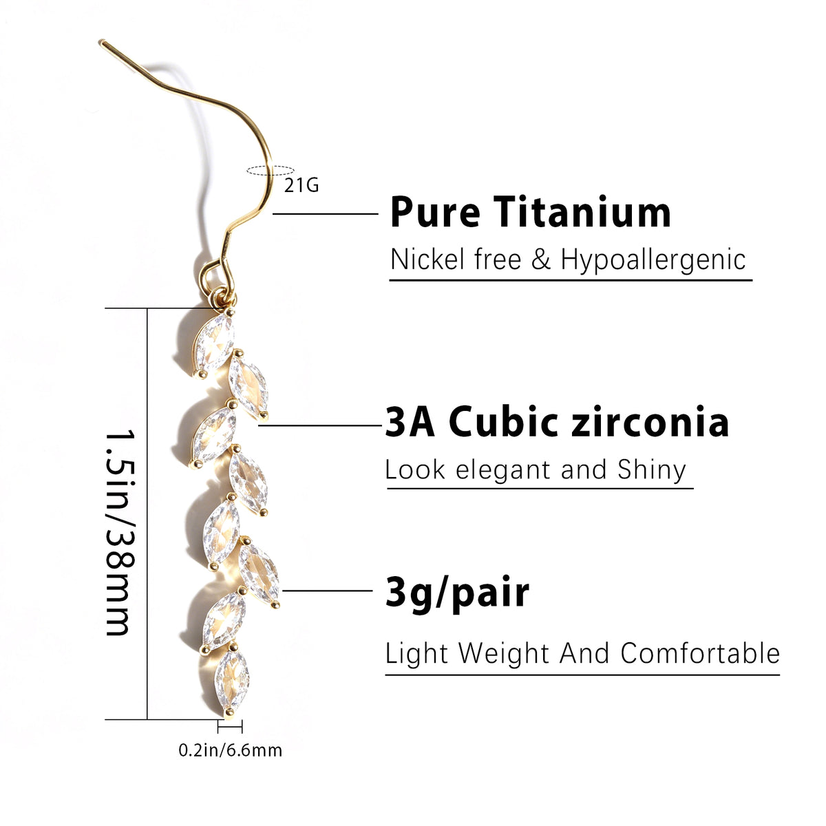 Women's Hypoallergenic Titanium Drop Earrings, Dainty Lightweight Drop Earrings for Sensitive Ears