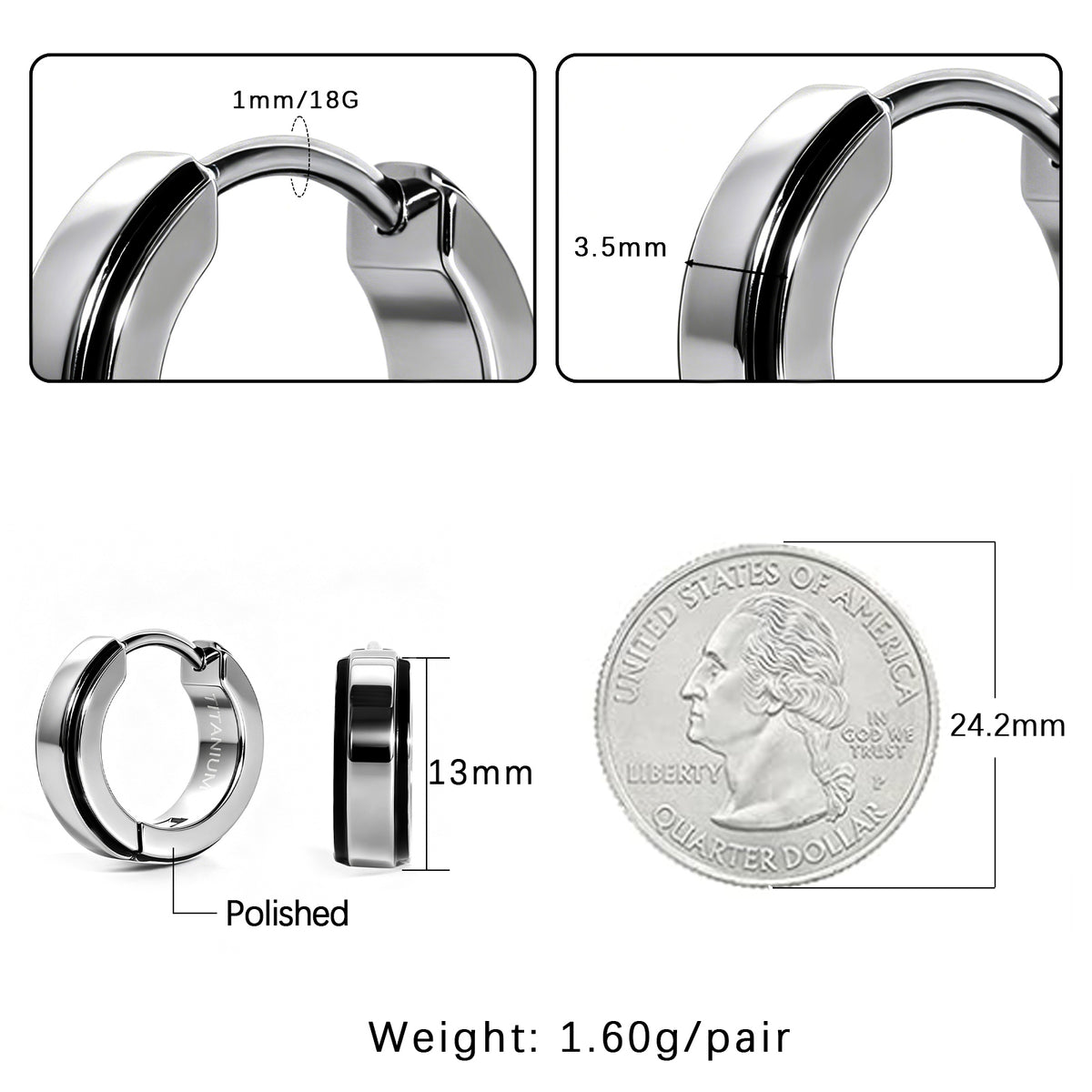 Men's Polished Titanium Hoop Earrings, Hypoallergenic Small Hoop Earrings TITANIUM for Sensitive Ears