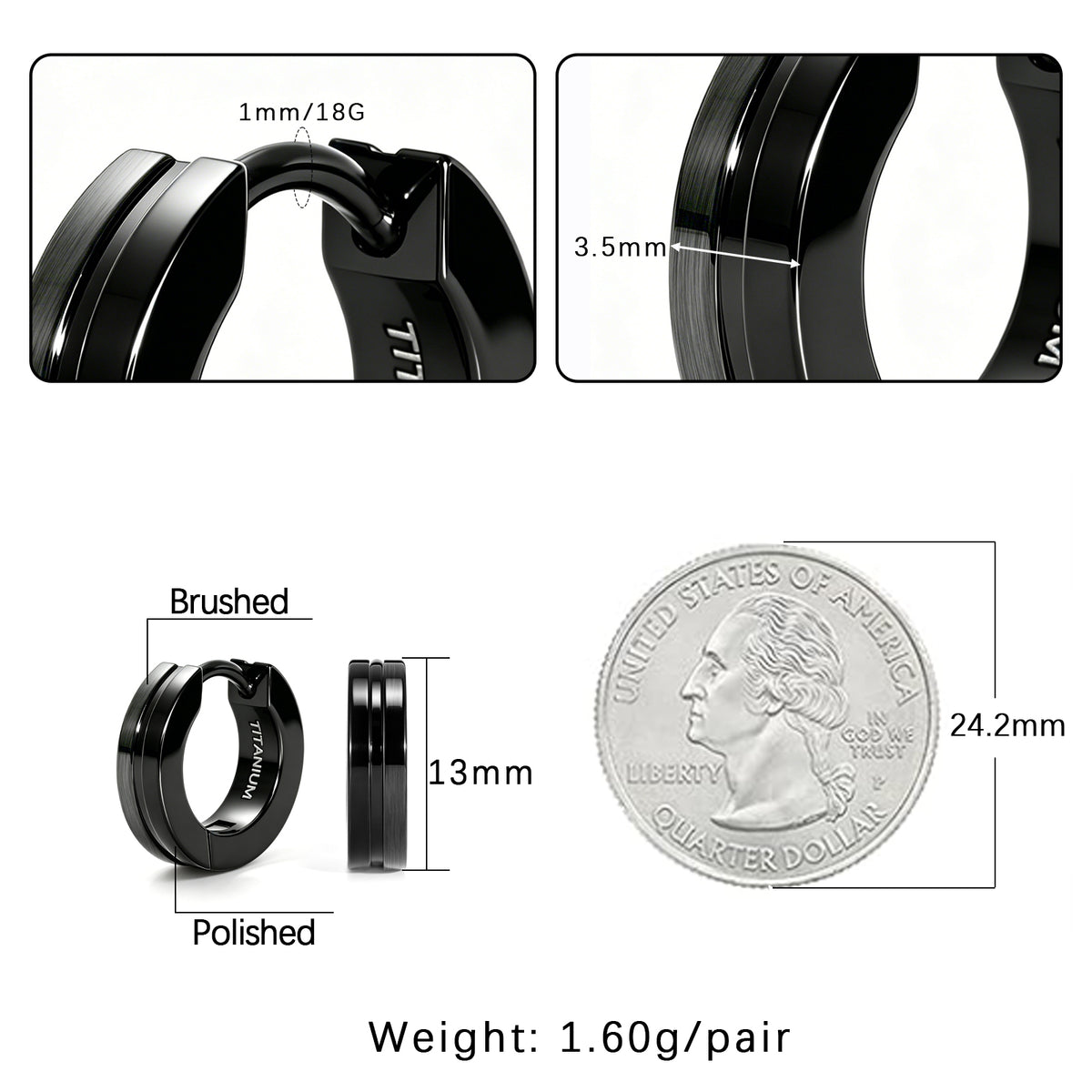 Cool Black Titanium Hoop Earrings for Men, Hypoallergenic Click Closure Small Hoop Earrings Punk Daily Street Style Jewelry