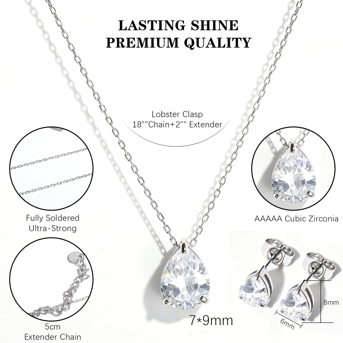 Elegant Pear‑Shape CZ Jewelry Set for Women, 316L Stainless Steel Matching Pendant Necklace & Stud Earrings for Party & Gifting