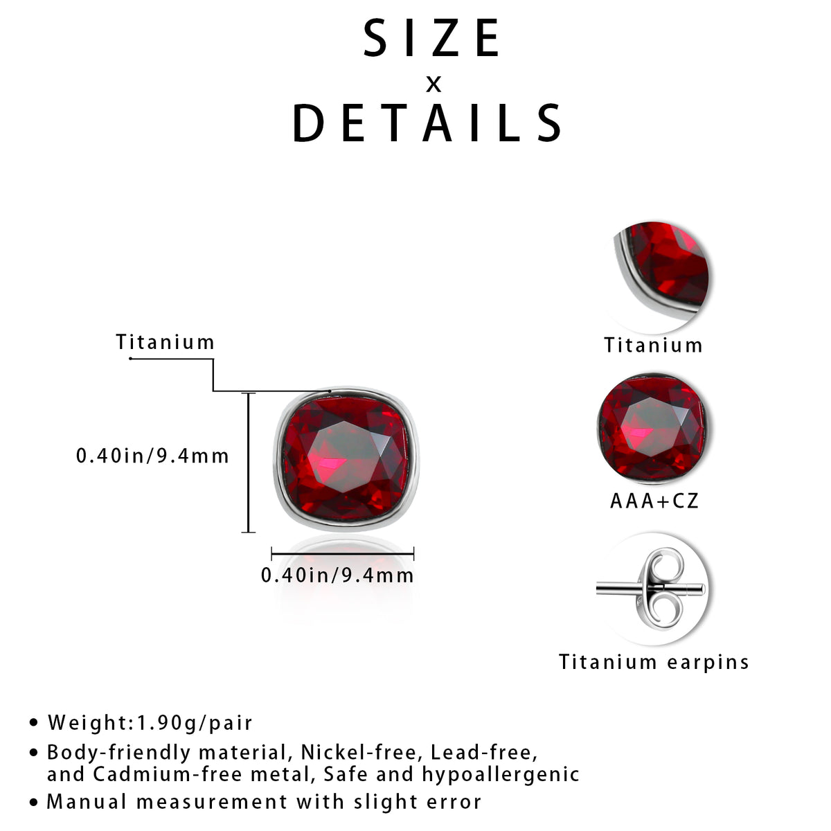 Women's Hypoallergenic Titanium Cushion Red CZ Stud Earrings