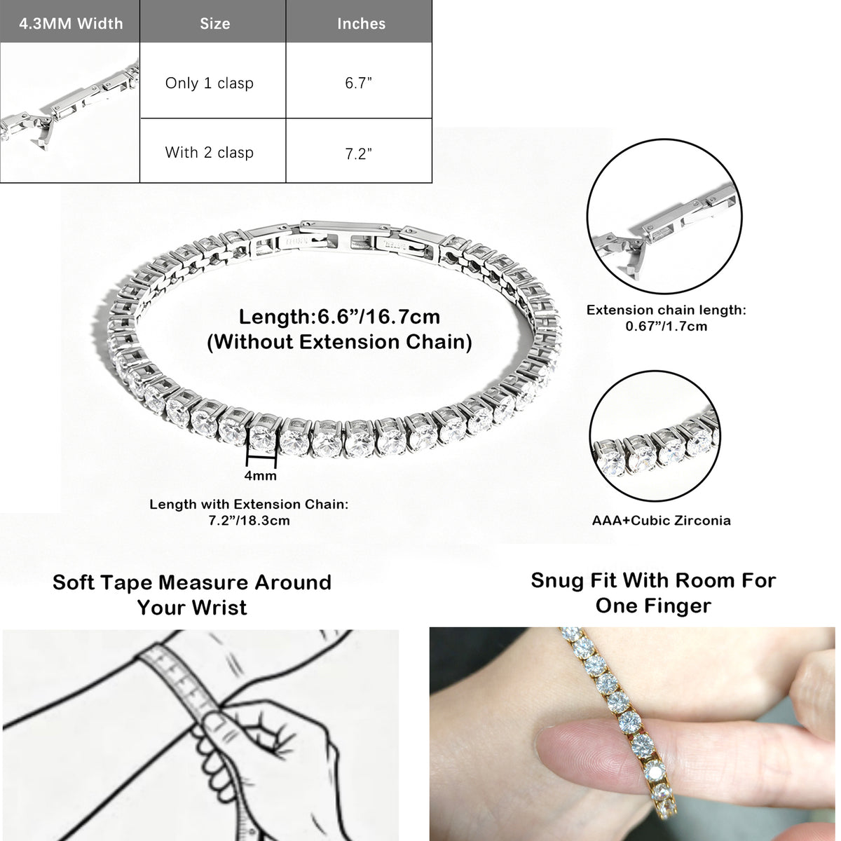 Sparkling 3A CZ Tennis Bracelet for Women, Adjustable Size Stainless Steel Inlaid Cubic Zirconia Bracelet Hypoallergenic Daily Party Jewelry