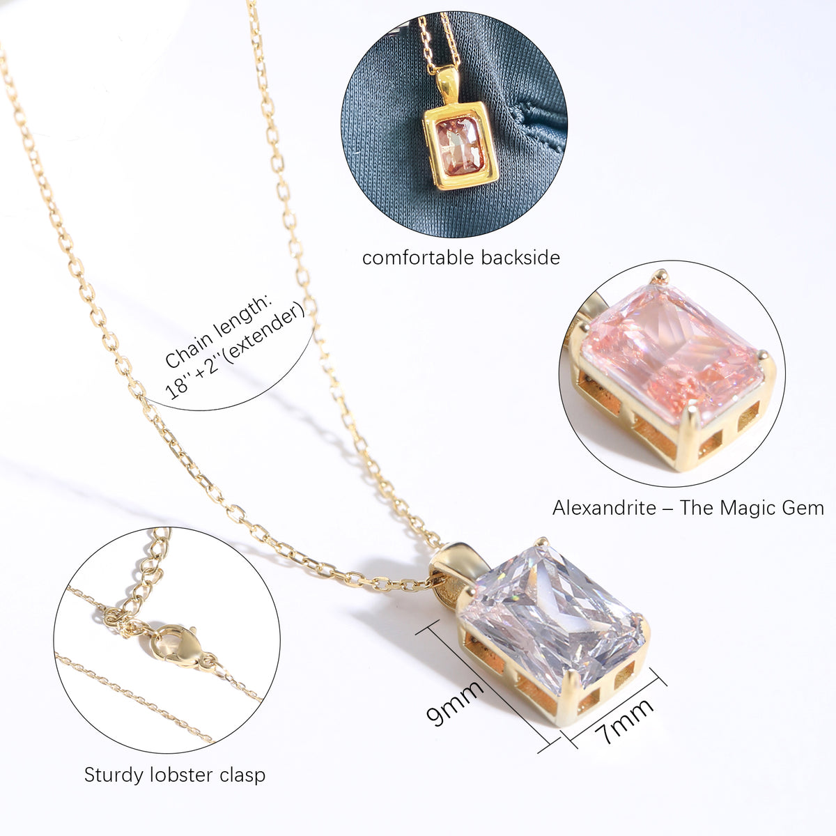 Elegant Rectangular Color‑Changing CZ Pendant Necklace for Women, 4‑Prong Setting Gold‑Plated Stainless Steel Sparkling Necklace for Daily & Gift