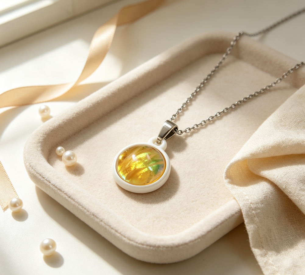 White Ceramic unique iridescent colour shifting effect NFC Pendant Necklace Stainless Steel Chain Smart Jewelry for Women