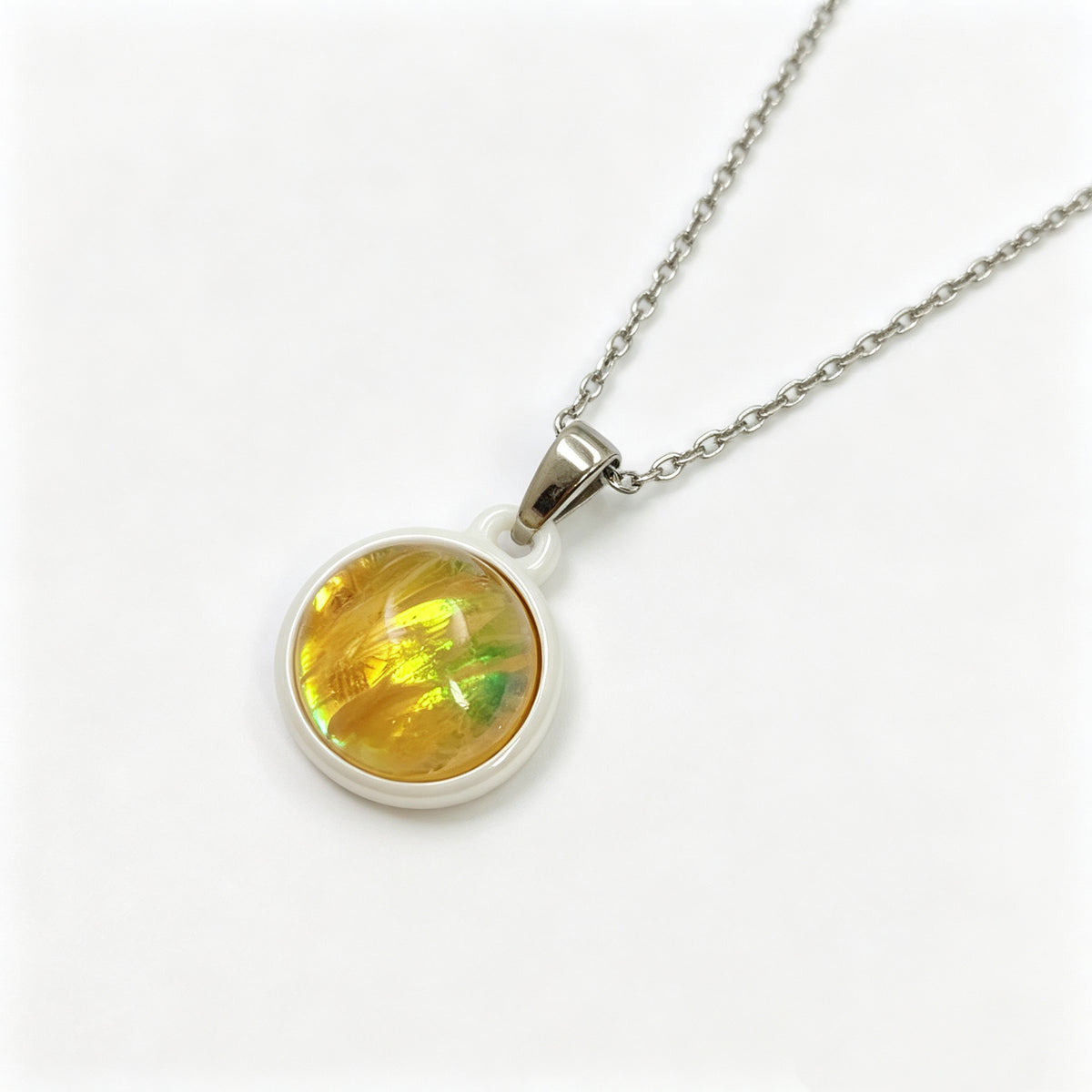White Ceramic unique iridescent colour shifting effect NFC Pendant Necklace Stainless Steel Chain Smart Jewelry for Women