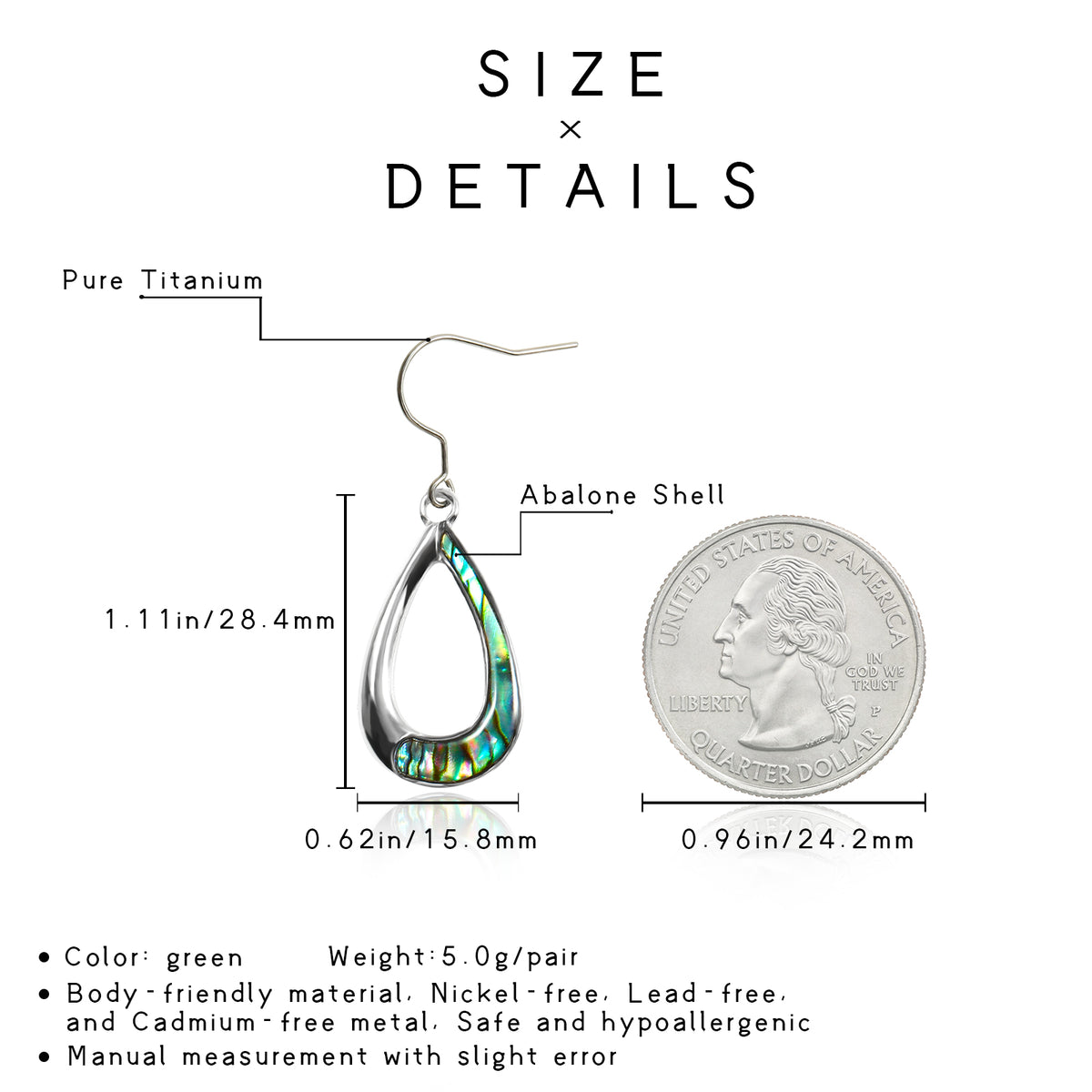 Hypoallergenic Titanium Drop Earrings for Women, Teardrop Abalone Shell Dangle Earrings