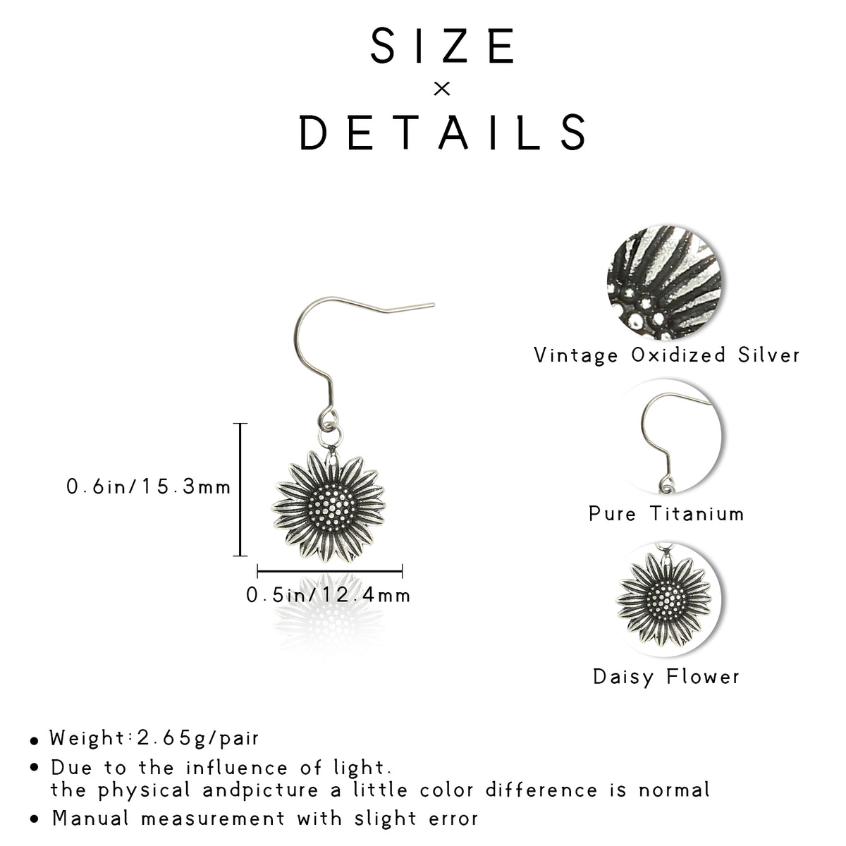 Hypoallergenic Titanium Drop Earrings for Women, Vintage Oxidized Sunflower Dangle Earrings