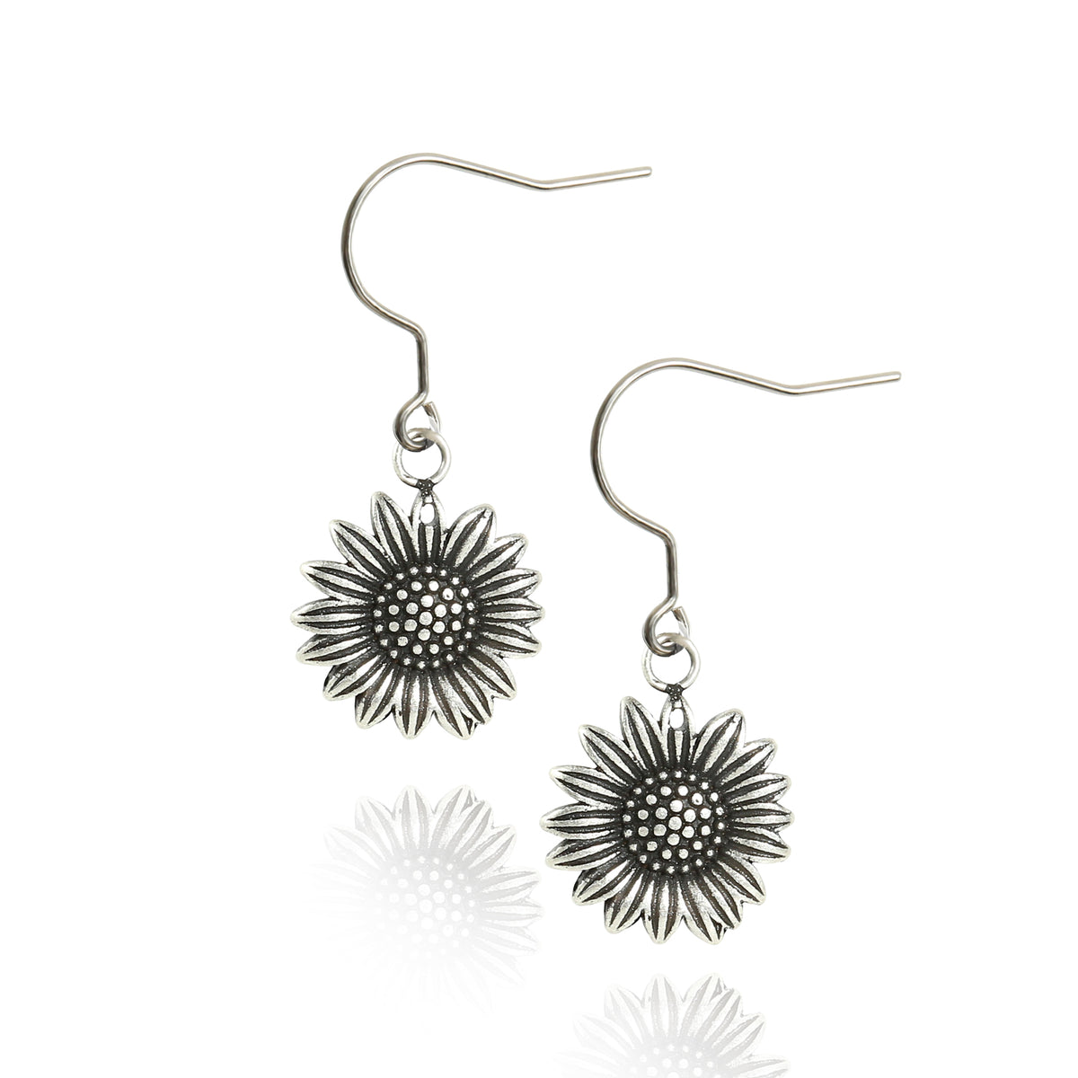 Hypoallergenic Titanium Drop Earrings for Women, Vintage Oxidized Sunflower Dangle Earrings